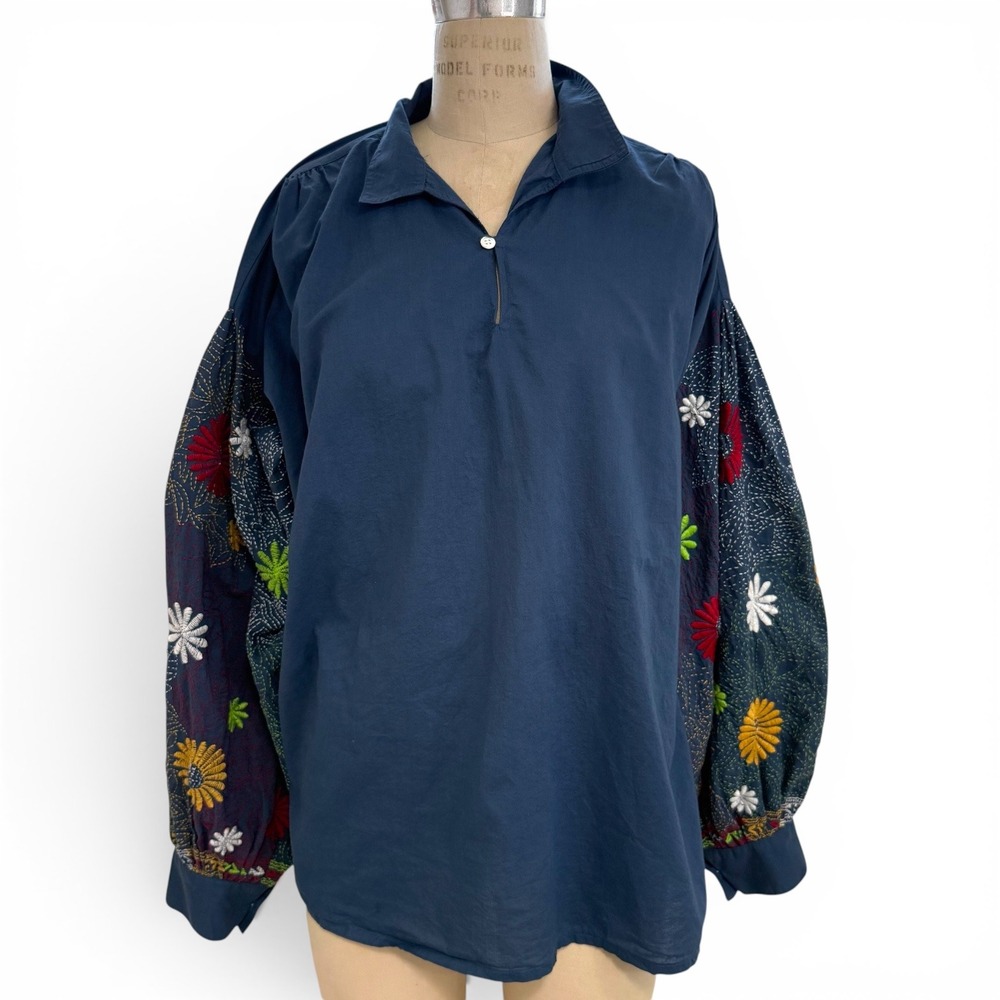 V.De.VINSTER Embroidered Tunic Top Womens M Oversized Blue Cotton Balloon Sleeve